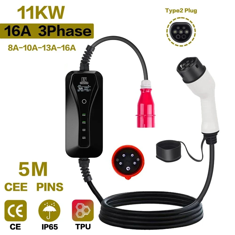 Type 2 Portable Ev Charger 11Kw Cee - 11KW 16A Tragbares EV-Ladegerät Typ2 Einstellbarer