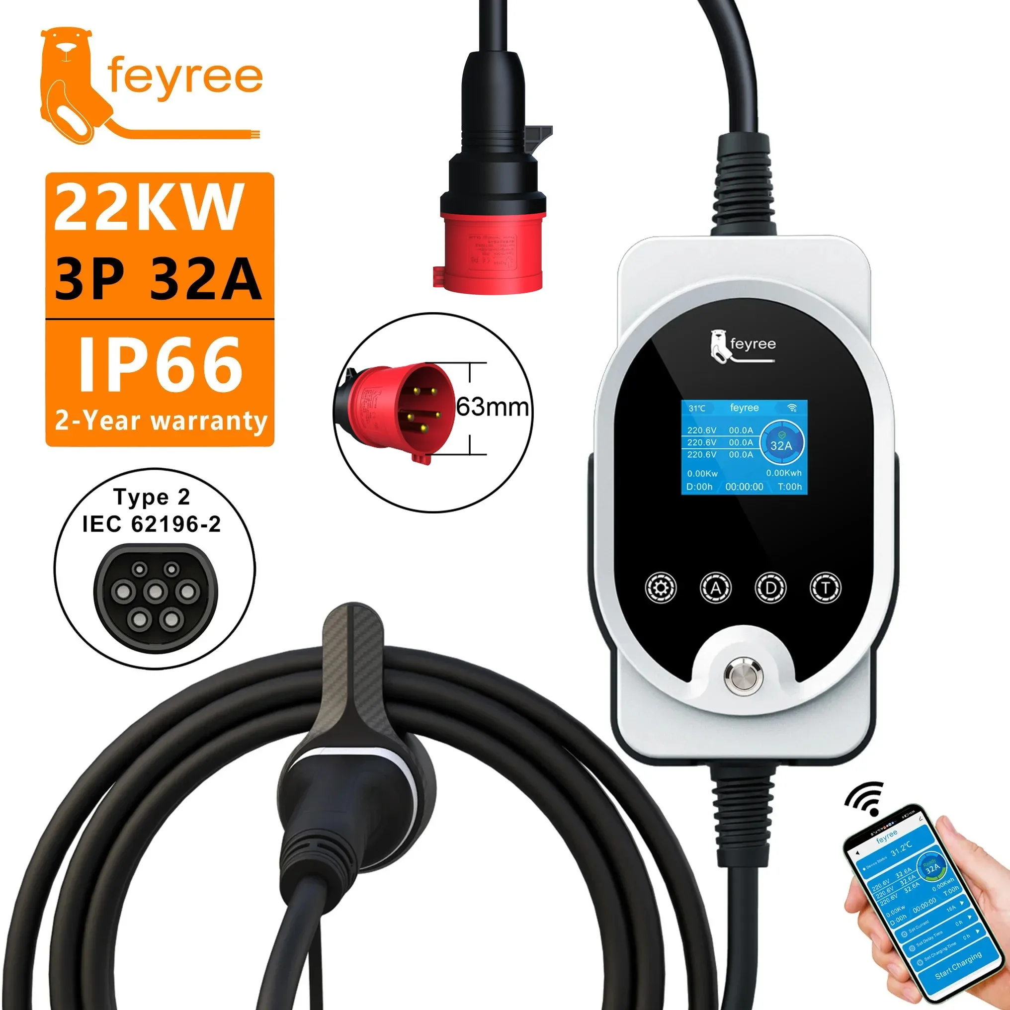 Feyree 22KW Typ2 Kabel EVSE Wa – Ev Charger Type 2 22Kw 32A 3 Phase Bewertung und Preis